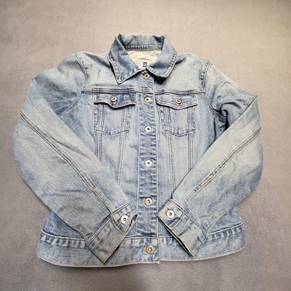 Gap Jean Jacket Womens S Blue Denim Trucker Stretchโ Distressed Long Sleeve